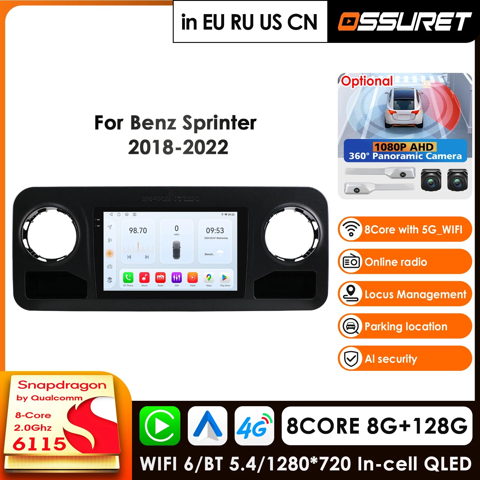 12.3" Car Radio GPS for Mercedes Benz Sprinter 2018-2022 - CarPlay Android Auto Qualcomm 8Core 2.0GHz 5G WIFI BT FM RDS