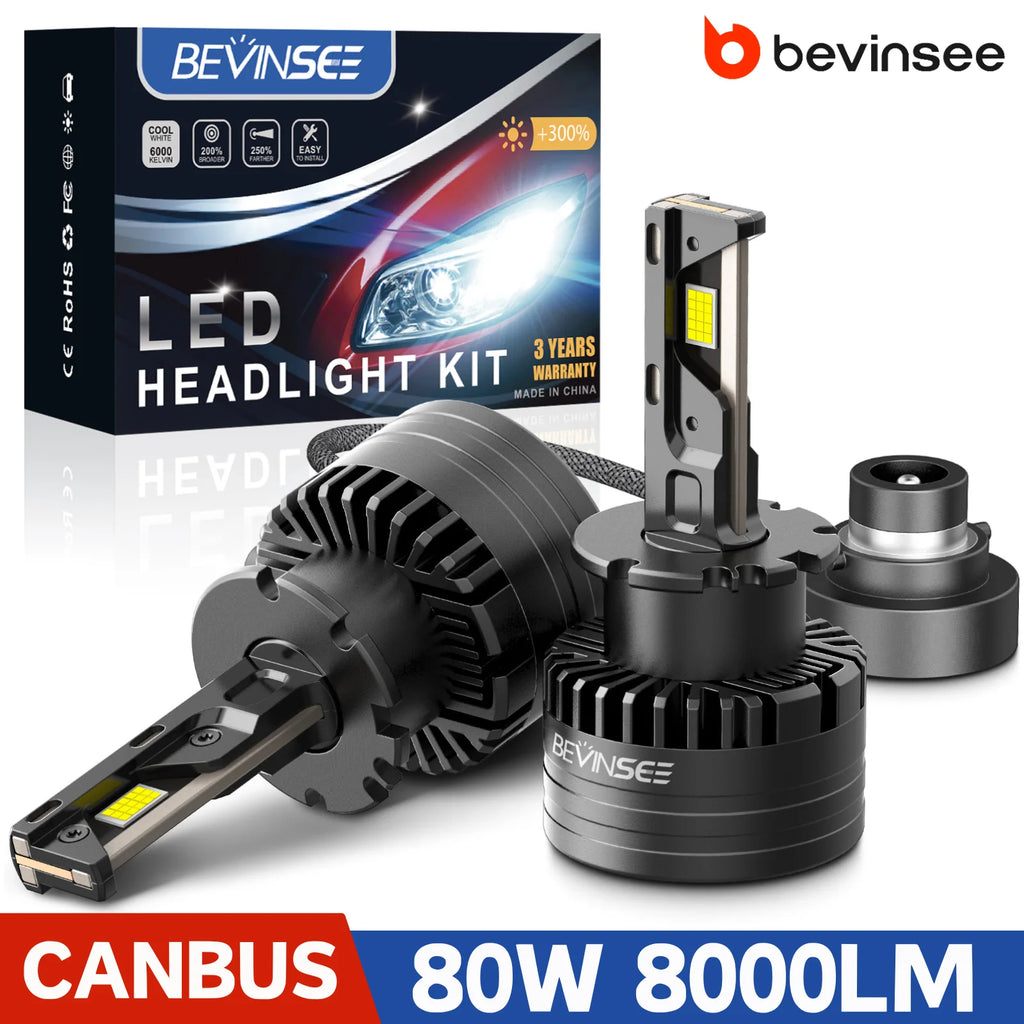 BEVINSEE D2S D2R LED CANBUS Headlight Bulbs 6000K White Replace HID Xenon 80W 8000LM D1S D