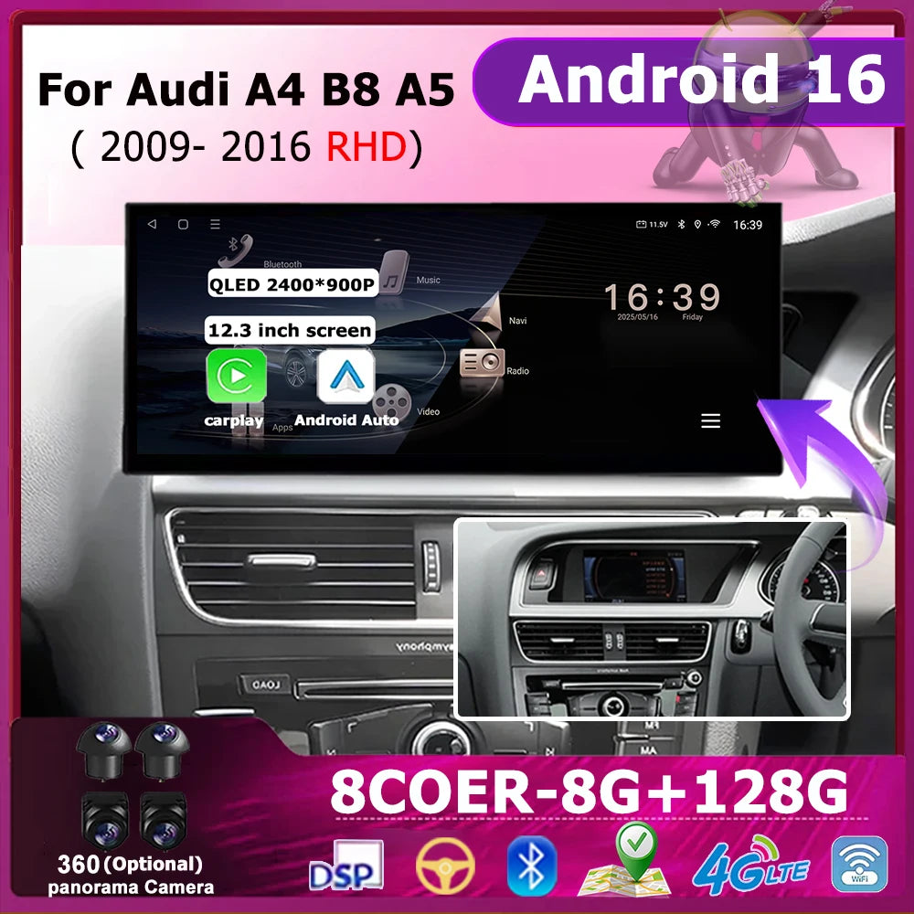 GPS Navigation Car Video RHD For Audi A4 B8 A5 2009 - 2016 Android 16 Multimedia Radio Pla