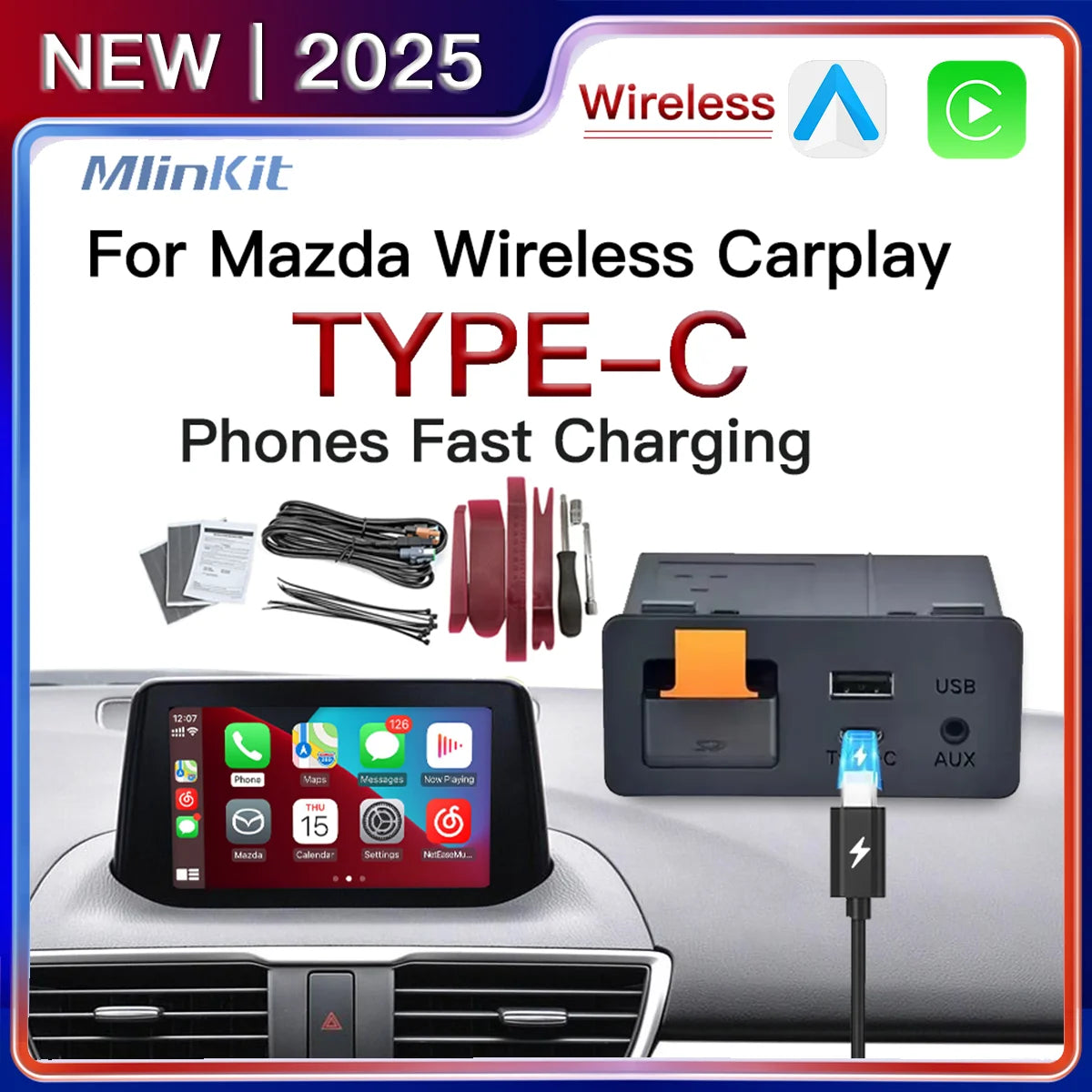 Type-C CarPlay Wireless Android Auto USB Adapter for Mazda 2 3 6 CX3 CX5 CX8 CX9 MX5 Demio