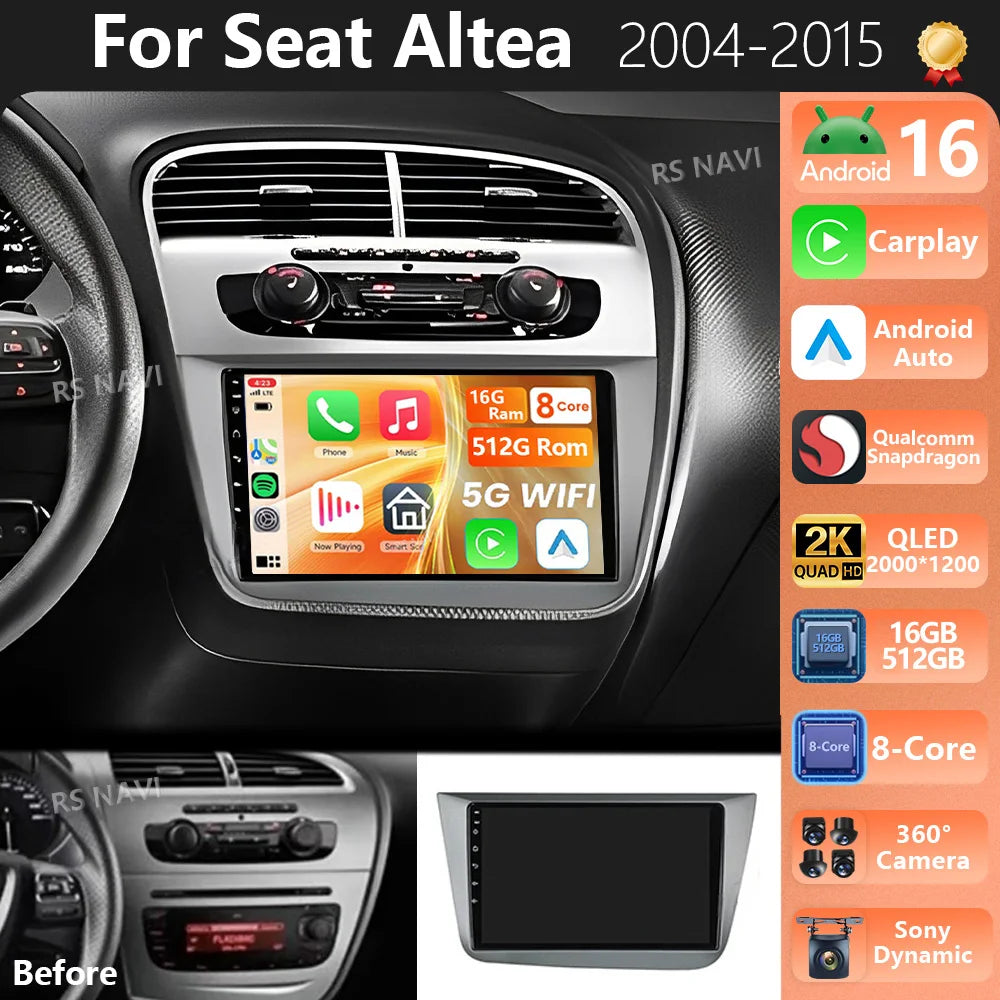 Android 16 Carplay Auto Qualcomm 2K QLED Screen Car Radio Player For Seat Altea 2004 - 201