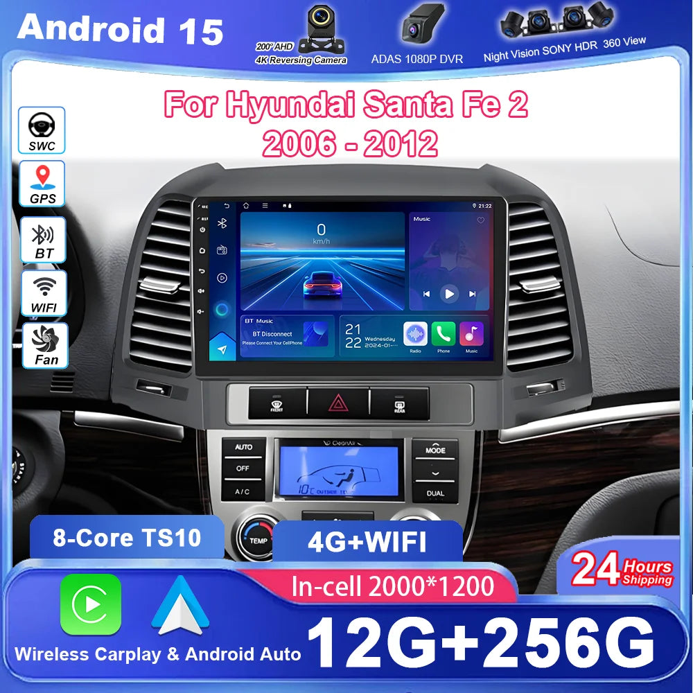 Android 15 For Hyundai Santa Fe 2 2006 - 2012 Auto Radio Stereo Multimidia Player GPS Navi