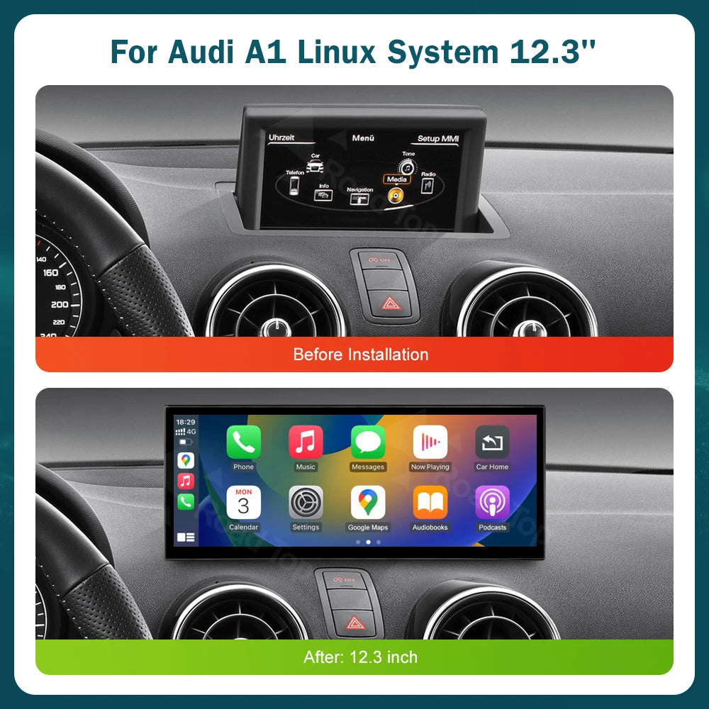 EU RoadTop 12.3 inch Ultra-thin IPS Screen For Audi A1 2012-2018 Wireless CarPlay Multimed