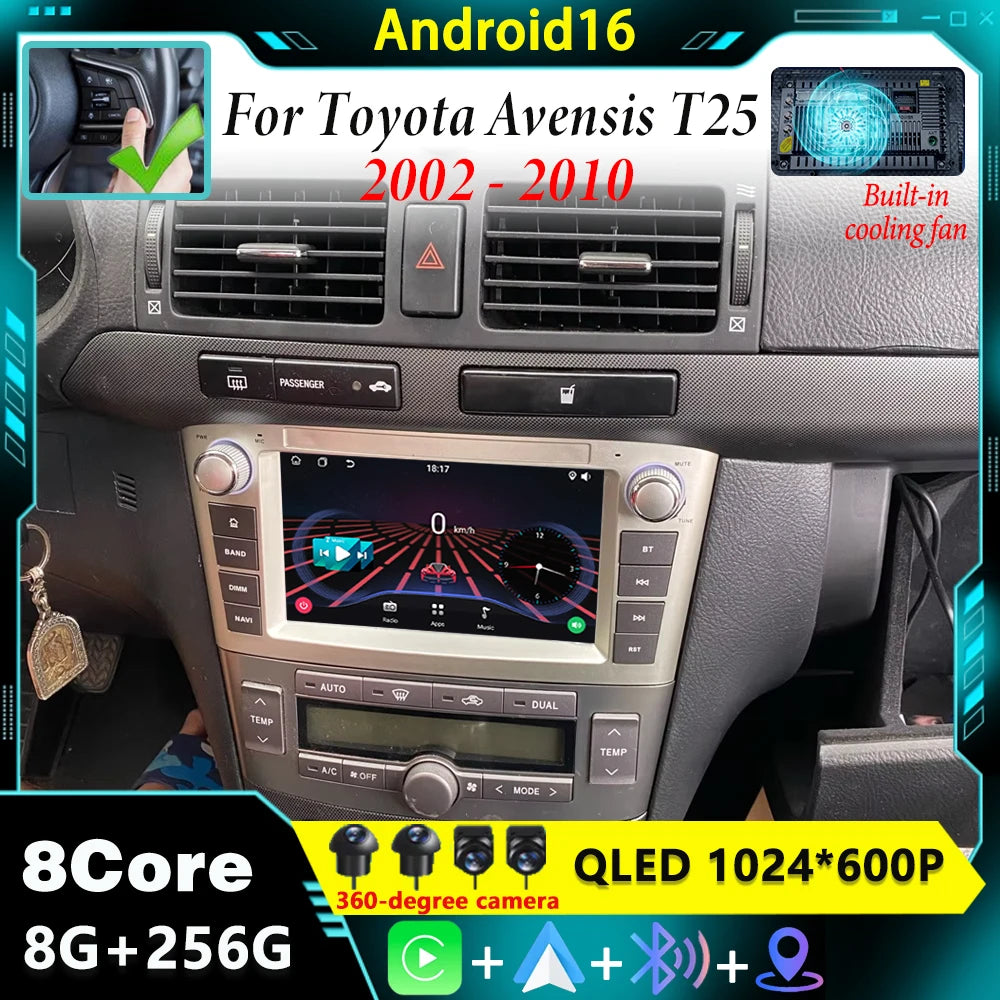 7inch Car Multimedia Player CarPlay Android 16 For Toyota Avensis T25 2002-2010 Stereo Car