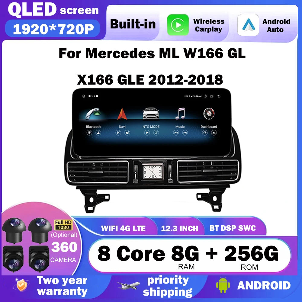 Android Auto Wireless Carplay GPS Navigation Multimedia 12.3" For Mercedes Benz GLML W166