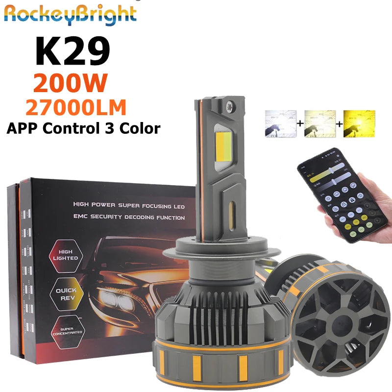 200W 27000LM K29 APP Control Tri Color Yellow White 3000k 4300k 6000k Flash H7 LED Headlig