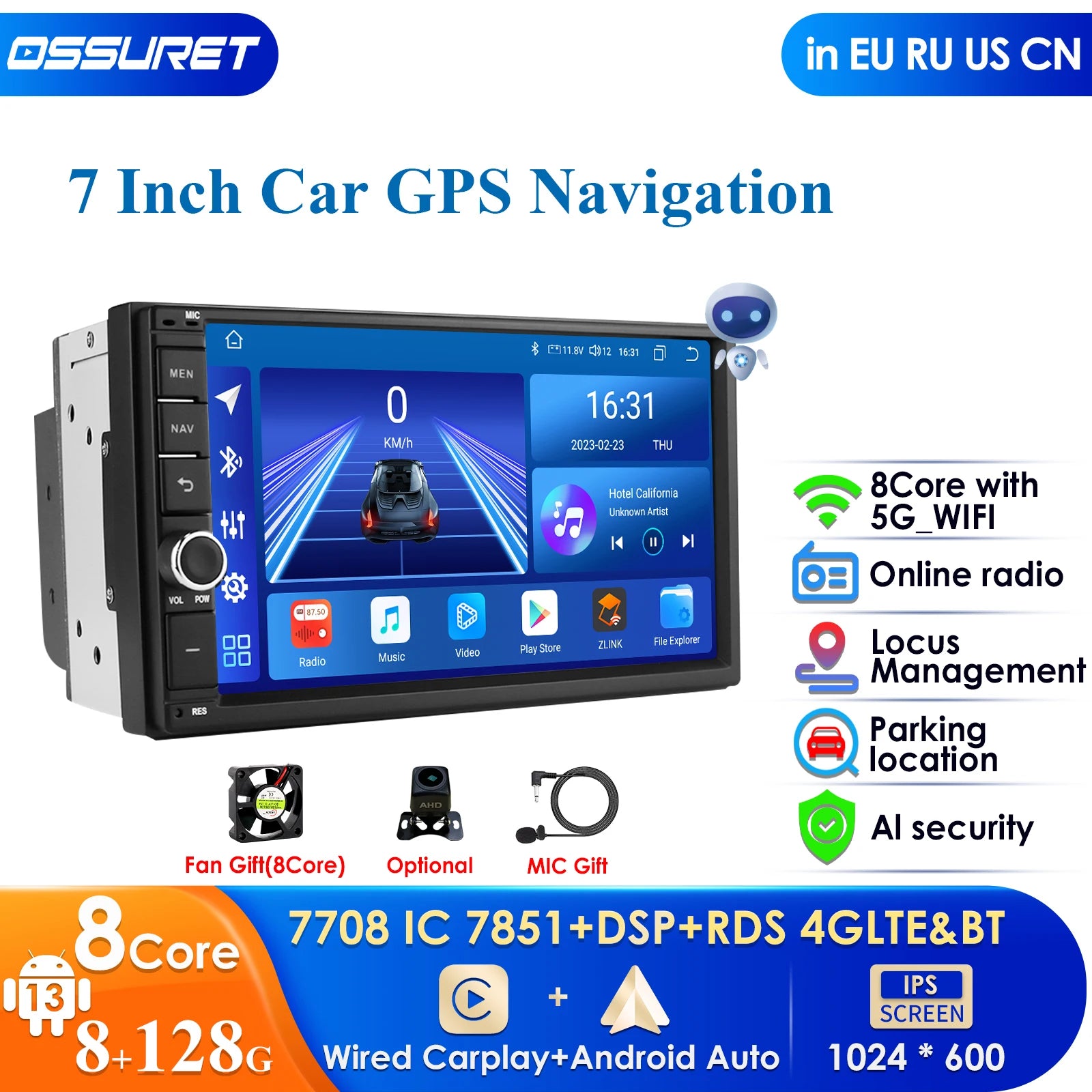 7" Android 14 Octa-Core 8GB RAM 128GB ROM Universal Double 2 Din Car Stereo GPS Navigation for Nissan - Touchscreen Mult