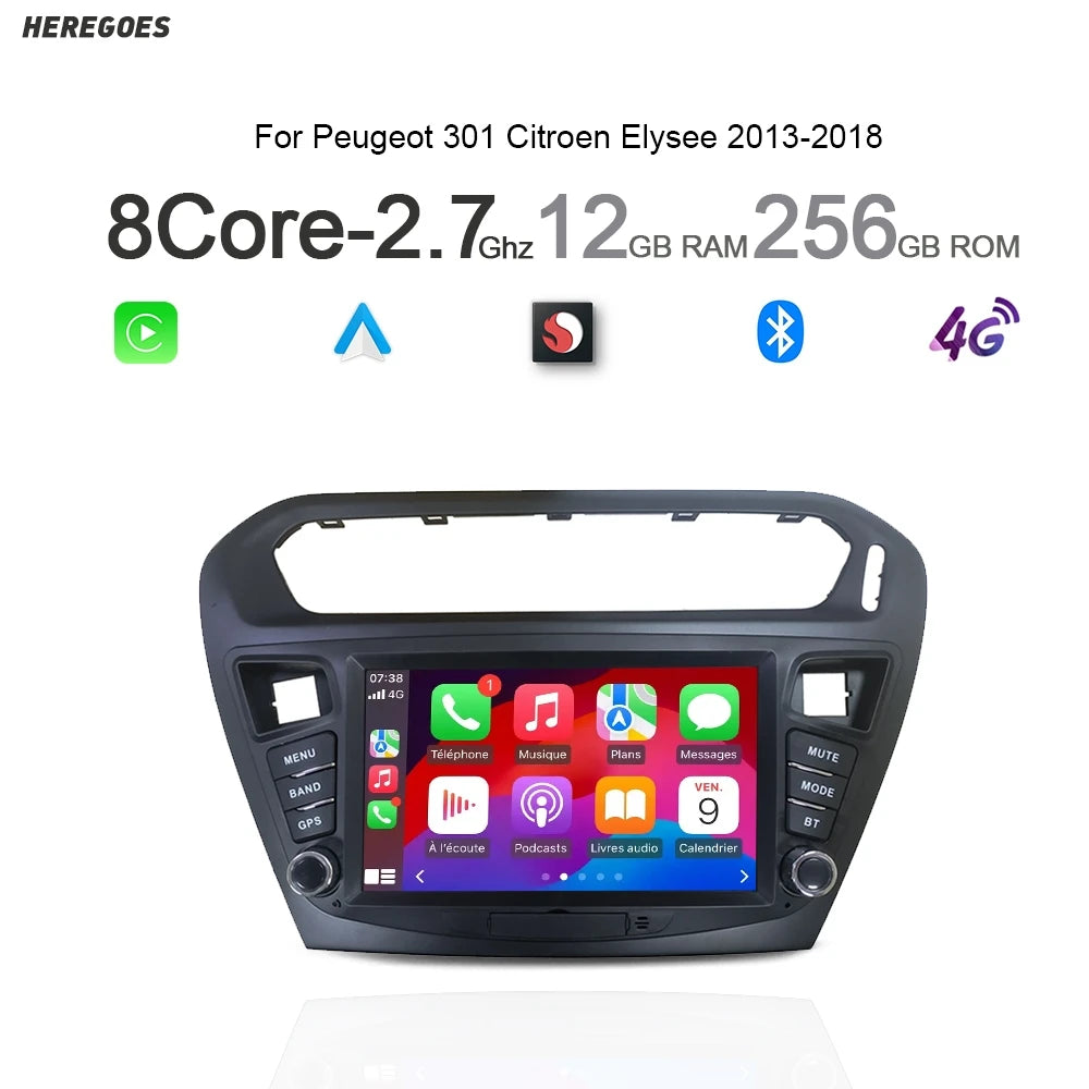 12.3" Car Radio GPS Navigation Stereo Multimedia Player 12G WiFi Bluetooth Carplay Android 14 For Peugeot 301 Citroen El