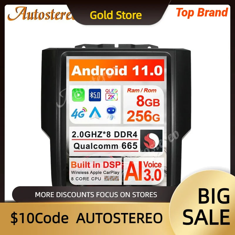 Qualcomm665 Android 13 Carplay Car Radio GPS Navigation For Dodge RAM 2014-2018 Tesla Scre
