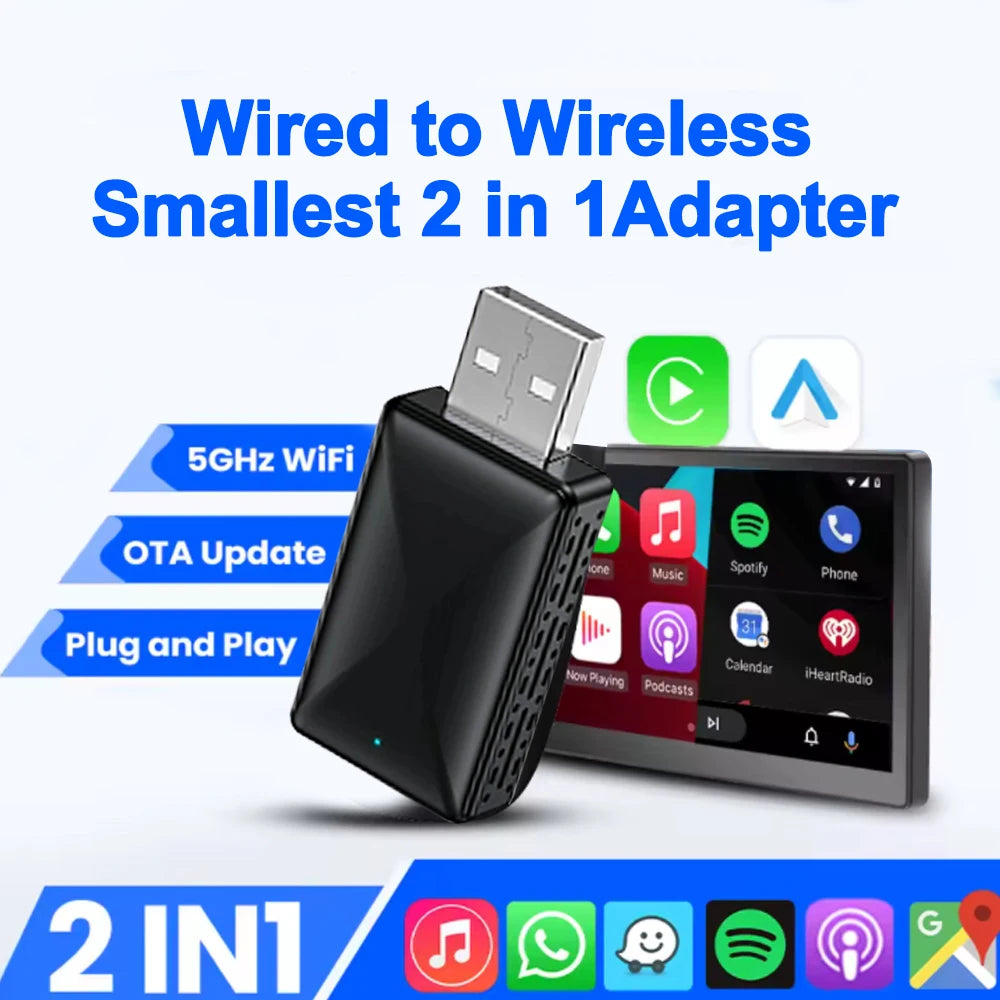 Wired to Wireless Carplay Android Auto 2in1 Mini Adapter Dongle Auto Connect Plug&Play Blu