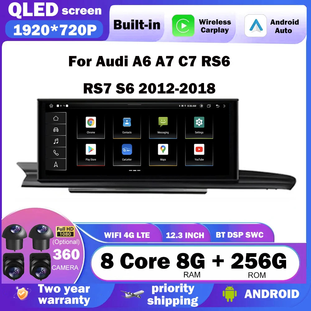 Carplay Android Auto 12.3 Inch For Audi A6 A6L A7 2012 - 2019 Car Accessories Monitor Mult