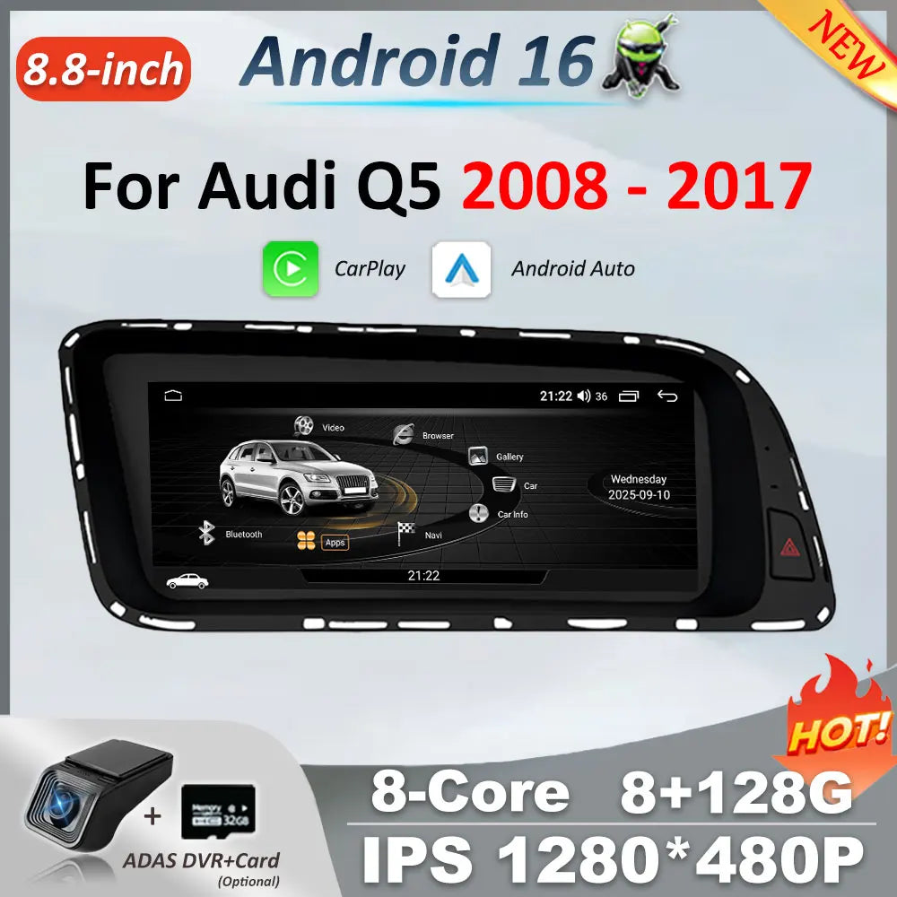 8.8 inch Wireless CarPlay Android 16 For Audi Q5 2008 - 2017 Car Multimedia Radio Navigati