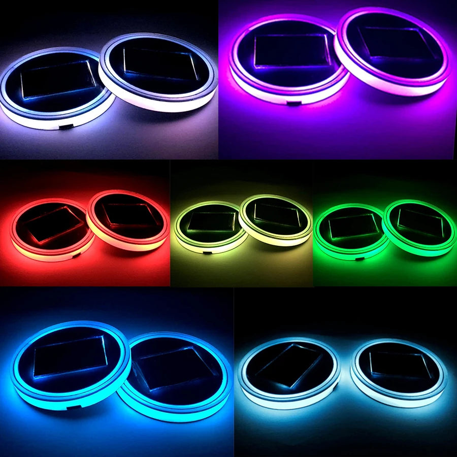 1 Pair 7 Colorful LED Light Cover Solar Charging Cup Holder Bottom Pad for Car SUV