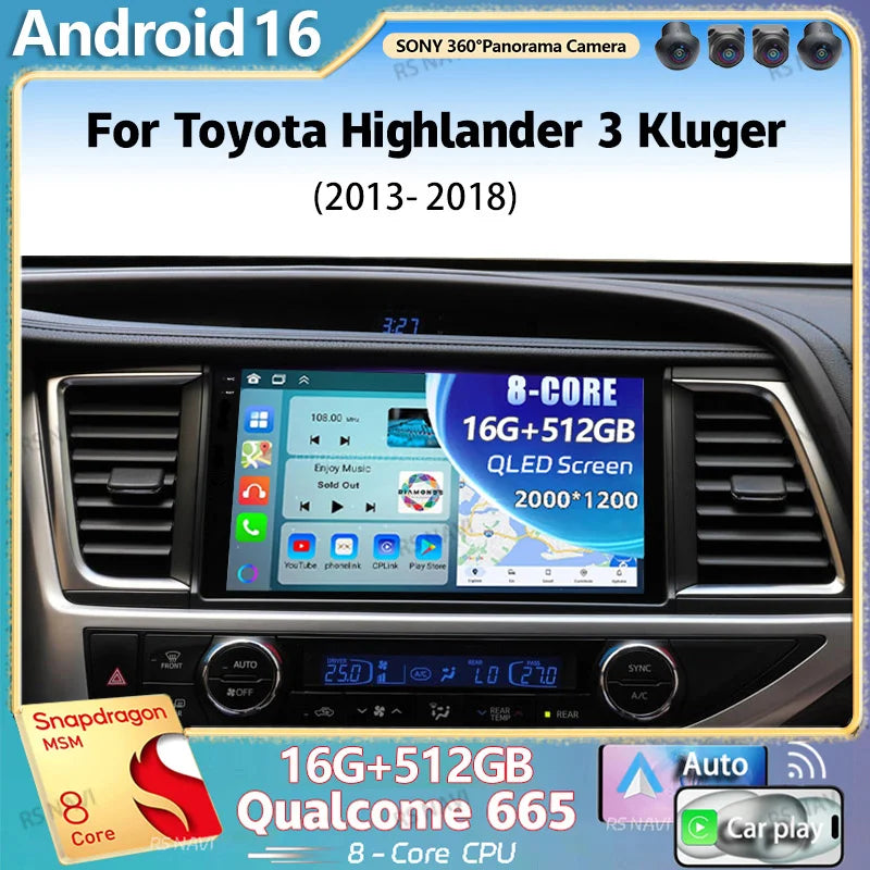 Android 16 For Toyota Highlander 3 Kluger 2013 - 2018 2K QLED Android Car Radio Multimedia
