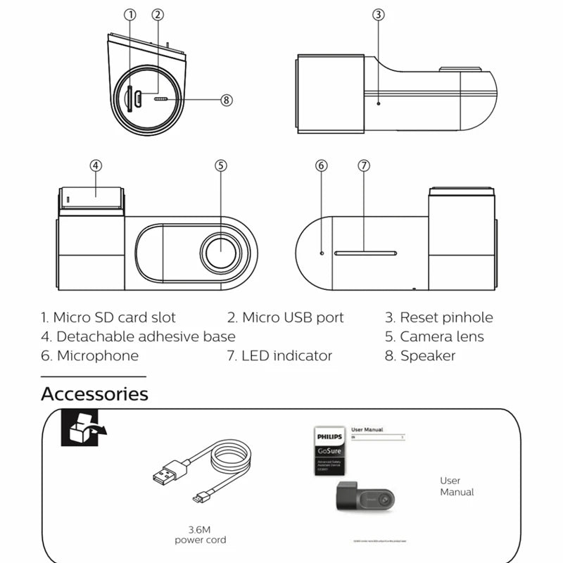 Philips Front WiFi Car 1080P HD Driver Video Recorder USB Car DVR Camera Loop Recording Go