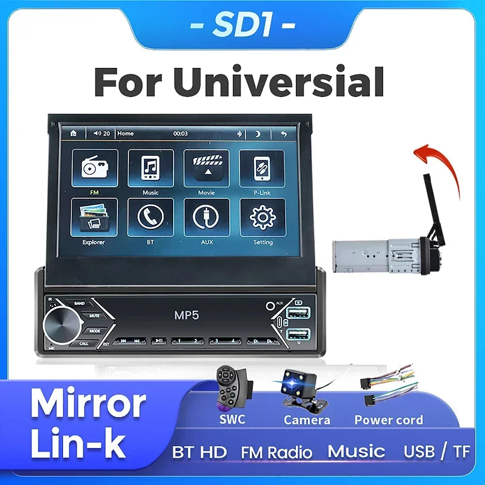 1Din MP5 Player 7inch Car Radio FM HD Foldable Multimedia Universal Audio Mirror Link AUX  | AUTOKITSHOP