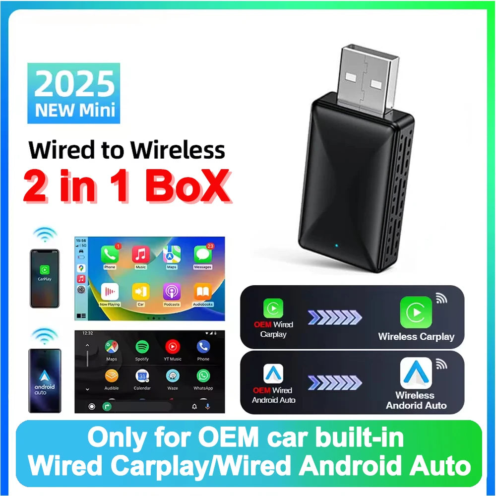 2-In-1 Android Auto Wireless Carplay Adapter Smart Mini Bt Wifi Usb Dongle For OEM Car Plu