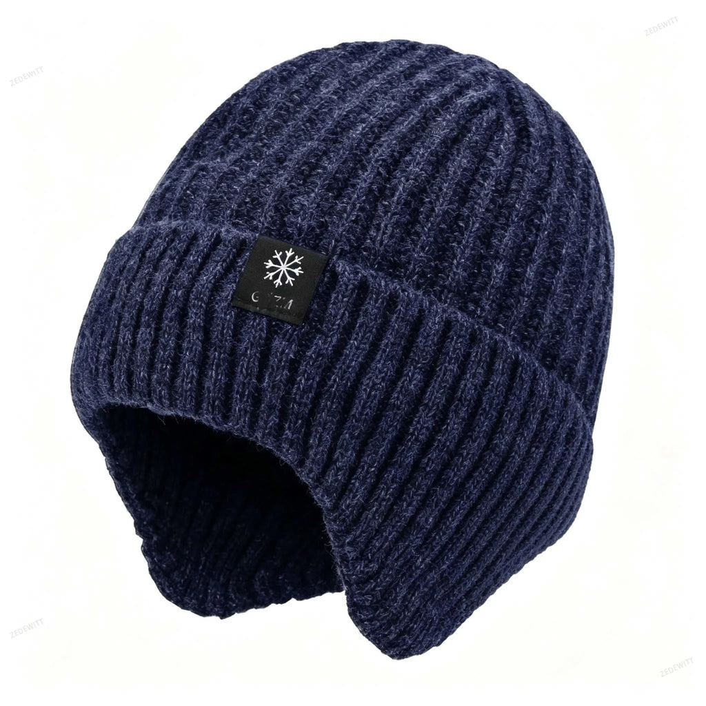 Faux Fur Lined Winter Knitted Hat Men Thick Soft Plush Warm Peaked Cap Ear Protection Earmuff Ou - Automotive LED Light