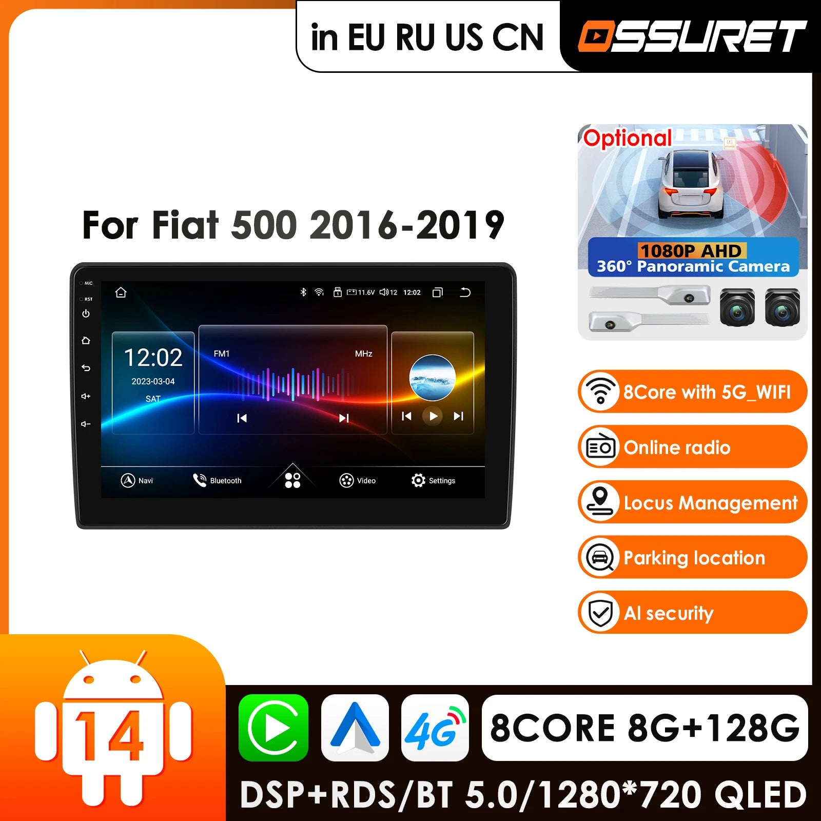 12.3" Car Radio GPS Android 14 Wireless CarPlay for FIAT 500 2016-2019 - 360Cam 4G WiFi BT Navigation