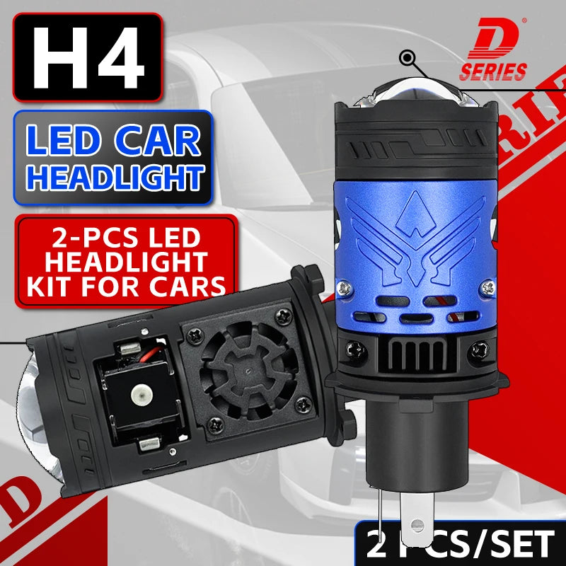 H4 LED Projector Mini Len Headlight Hi/Low Bulbs 75W 6000K Lens White White Hi Lo Beam Fog