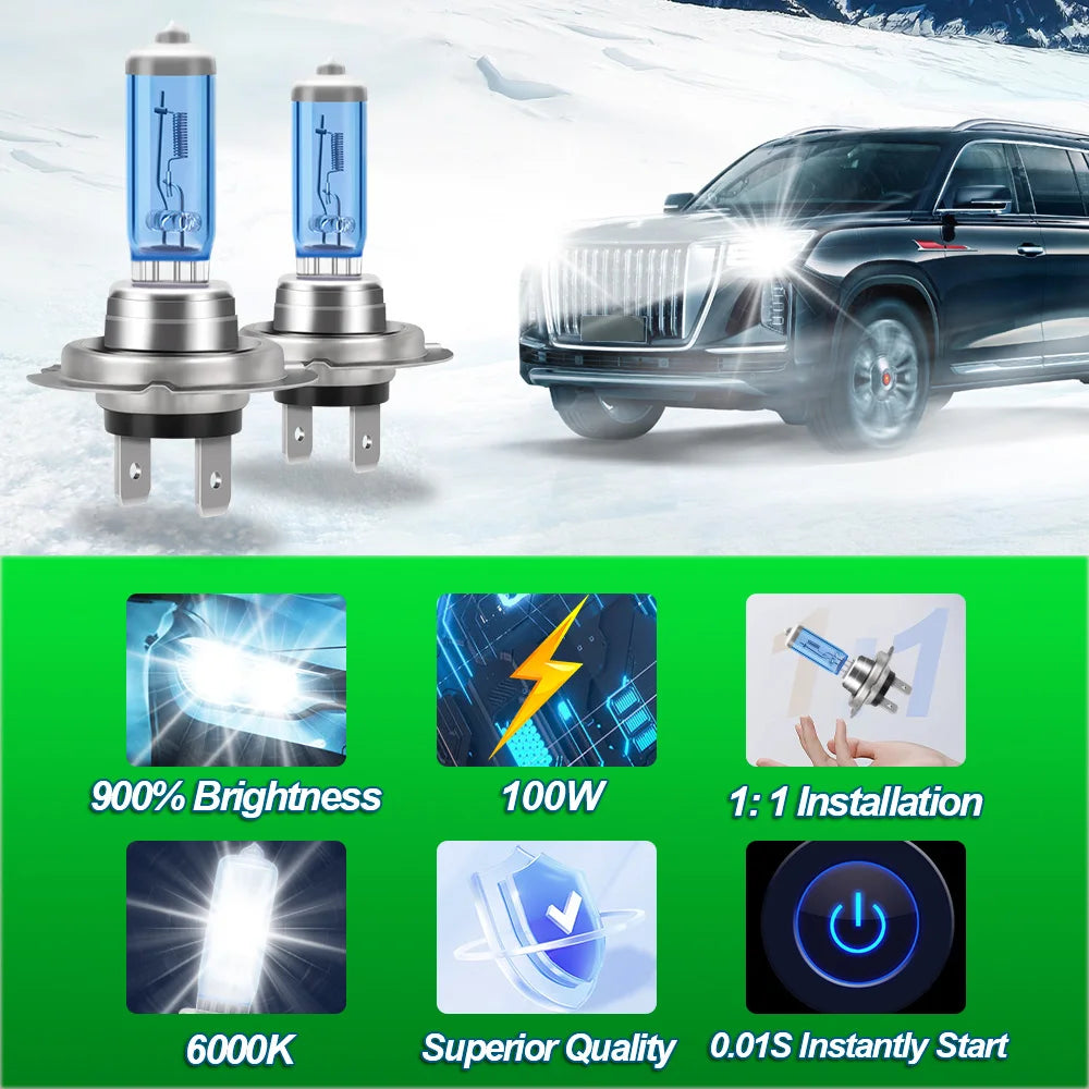 Halogen Bulbs Super Bright H7 H4 H11 H9 H1 12V 100W White 6000K 9145 5202 H13 9012 Headlig