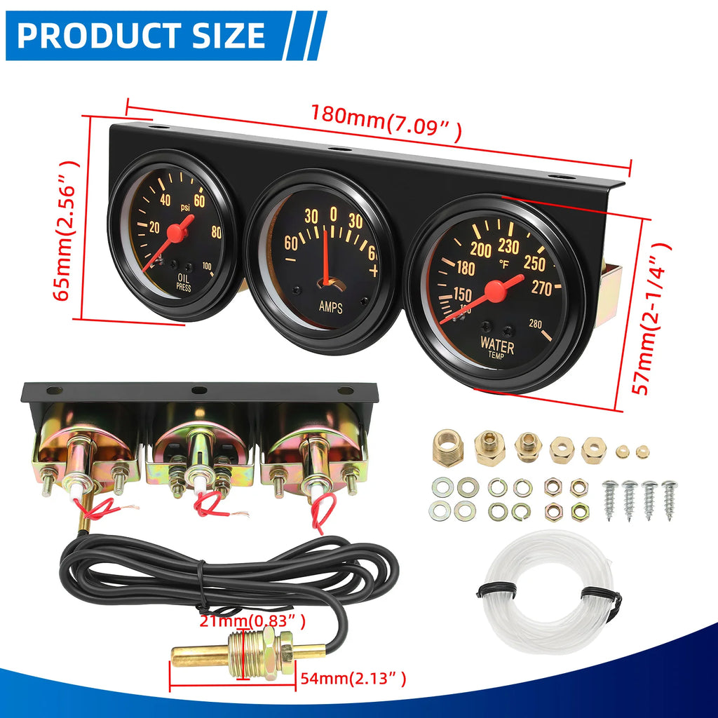 3 in 1 Car Meter Kit Triple Gauge 52mm Oil Pressure Gauge 0-100PSI Water Temp Meters 100℉- 280℉  - Automotive LED Light