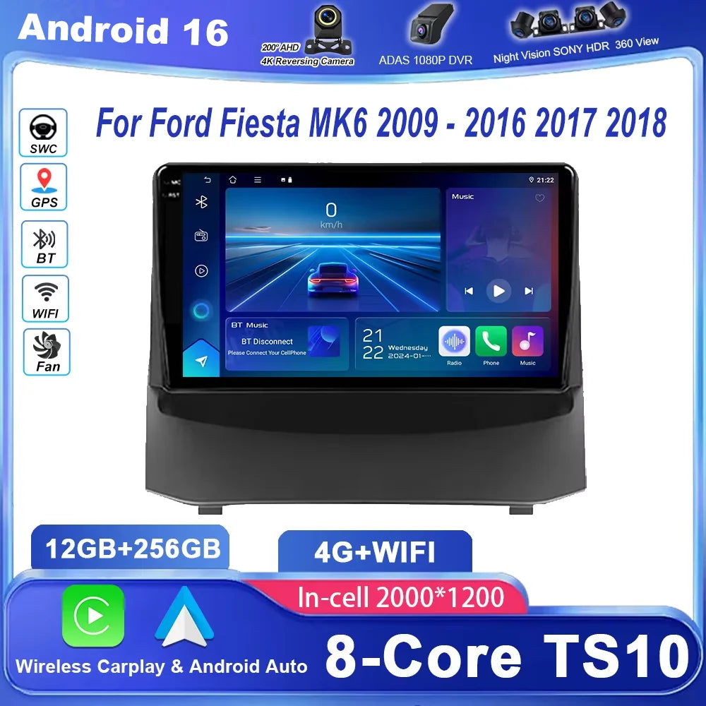 Android 16 Radio Stereo For Ford Fiesta MK6 2009 -2016 2017 Auto Multimedia Video Player G