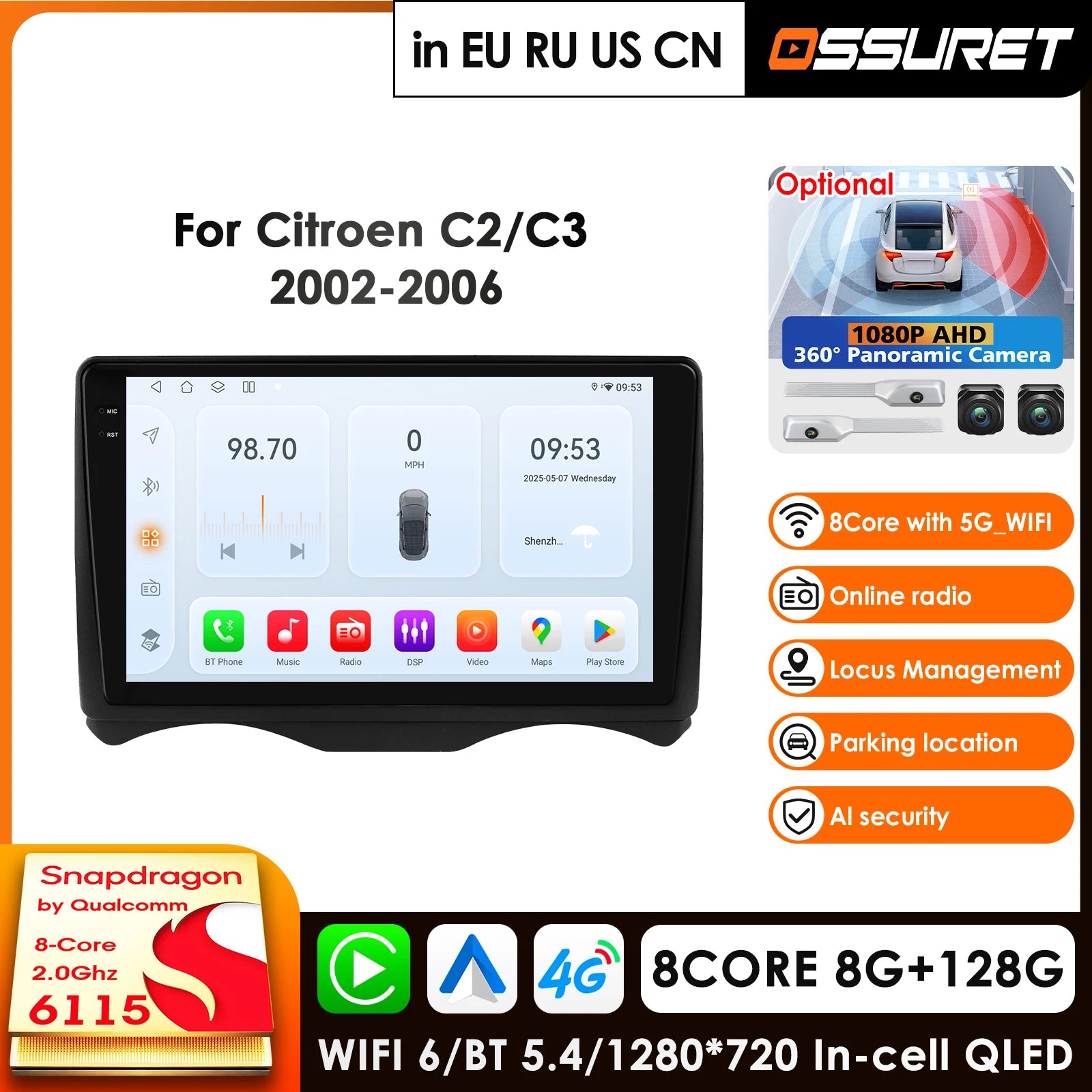 2 Din Android 14 Car Radio for Citroen C2 2002-2006 C3 Multimedia Video Player with Carplay 4G WIFI - Intelligent Screen