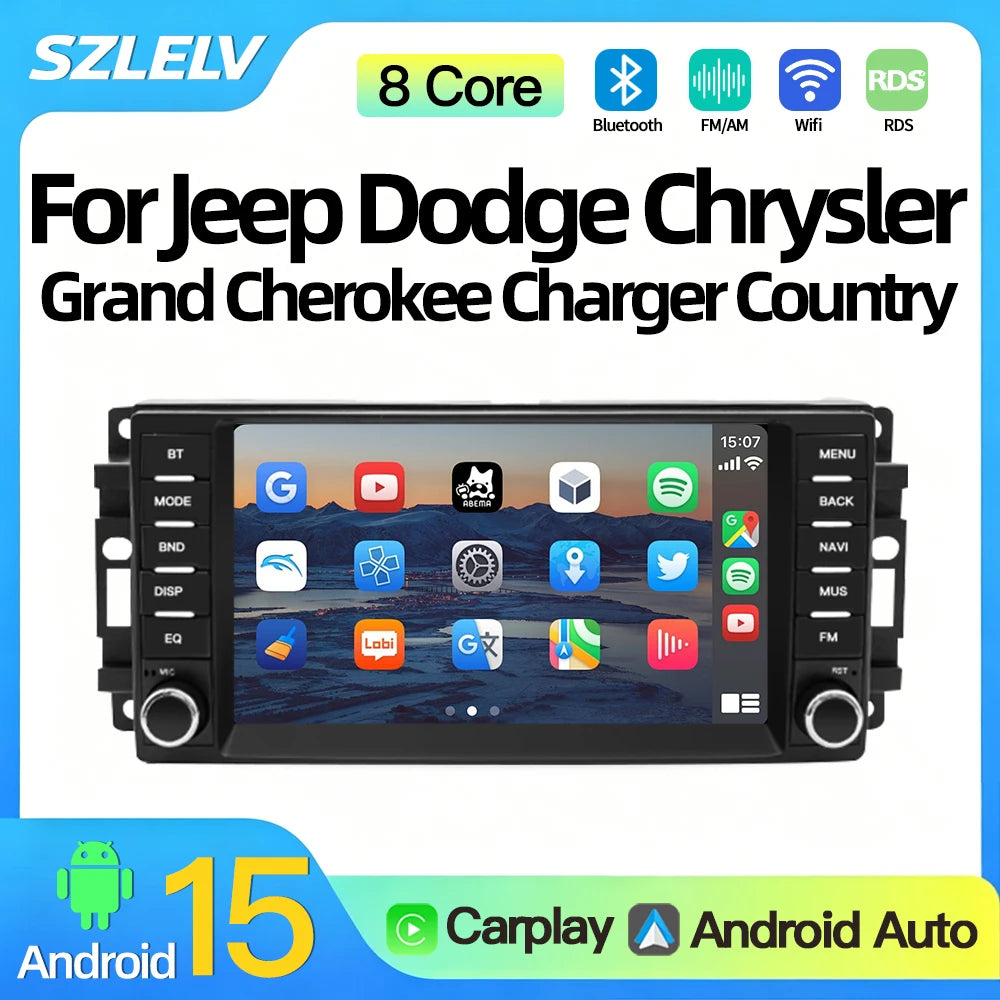 SZLELV Carplay Android 15 Car Radio For Jeep Commander Cherokee Wrangler Dodge Chrysler Jo