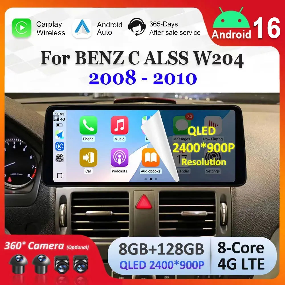 Android 16 Carplay Multimedia video player car For BENZ C ALSS W204 2008 - 2010 Ultra-thin
