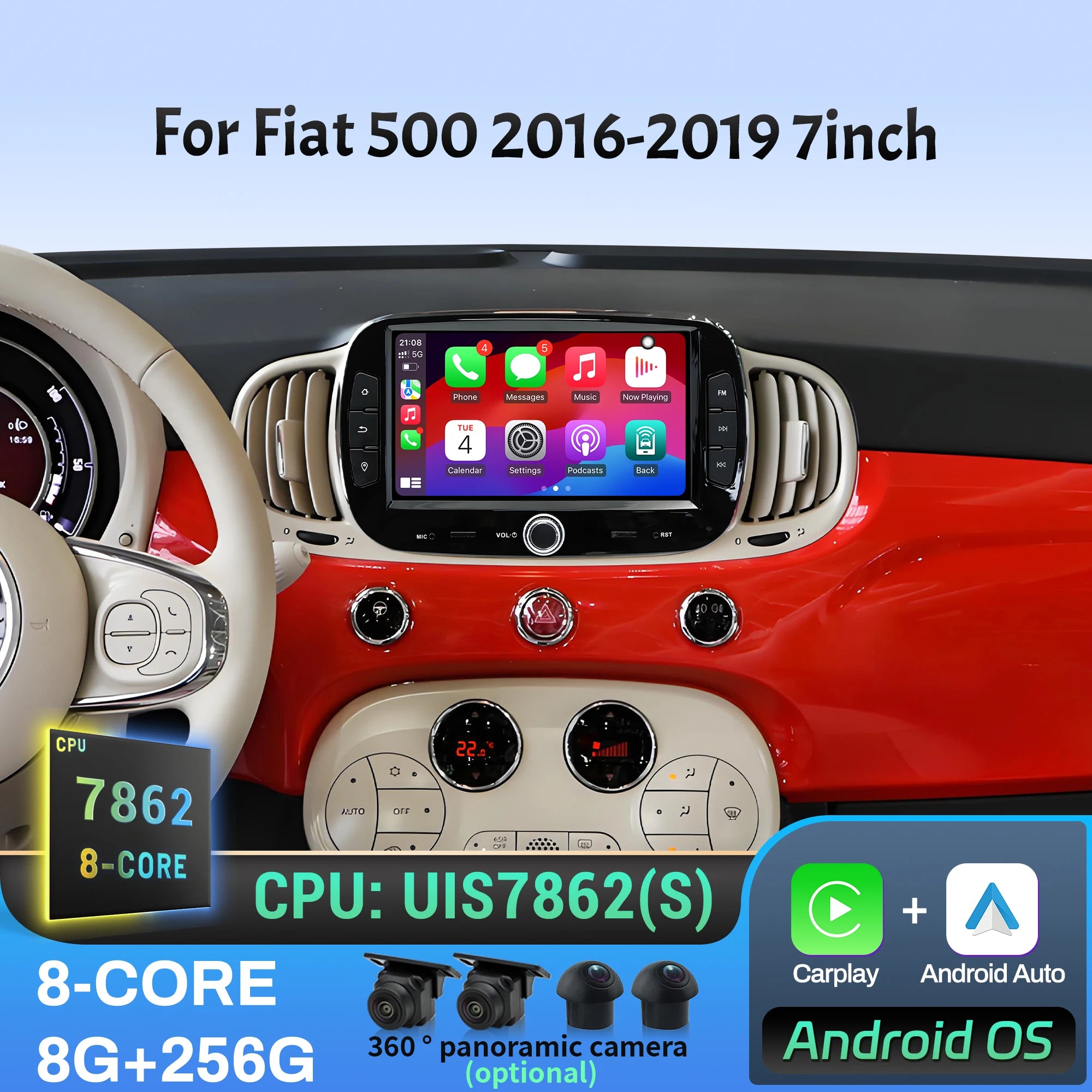7 inch Car Radio Android 14 For Fiat 500 2016 2017 2018 2019 GPS Wireless Bluetooth CarPla