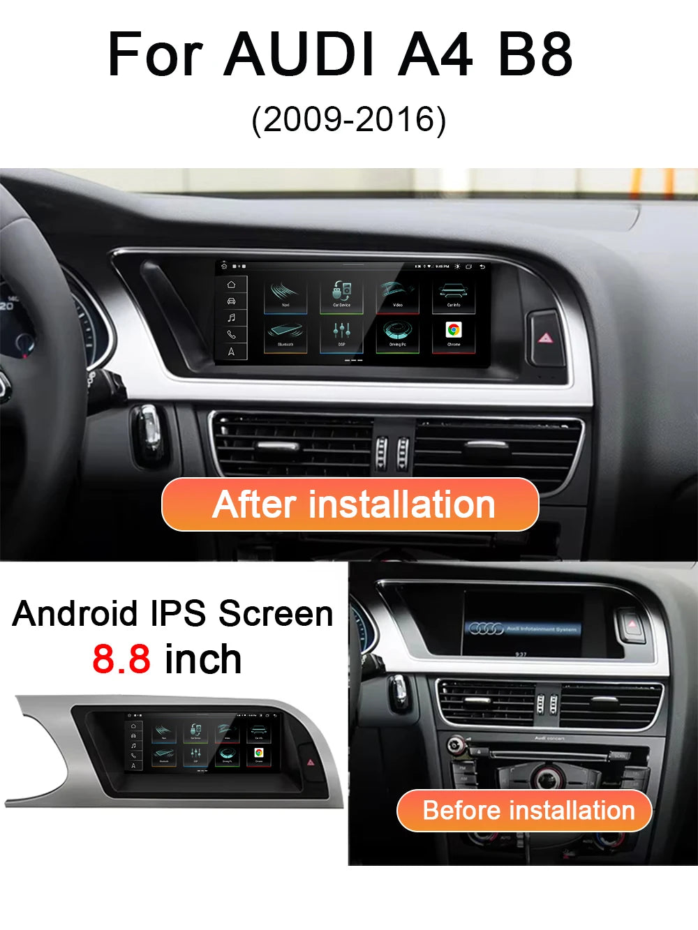 Android 14 Radio For 8.8 inch Audi A4 B8 2013-2016 Car Multimedia Player Navigation GPS St