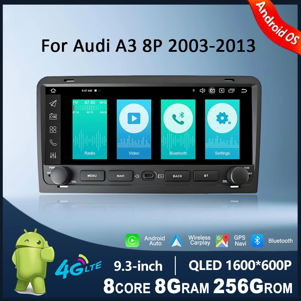 for Audi A3 8P 2003-2013 Car Radio Touch Display Multimedia Player Android Auto Wireless C
