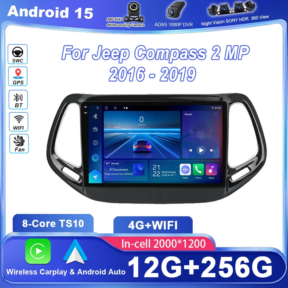 Android 15 Carplay For Jeep Compass 2 MP 2016 2017 2018 2019 Auto Radio Multimidia Player