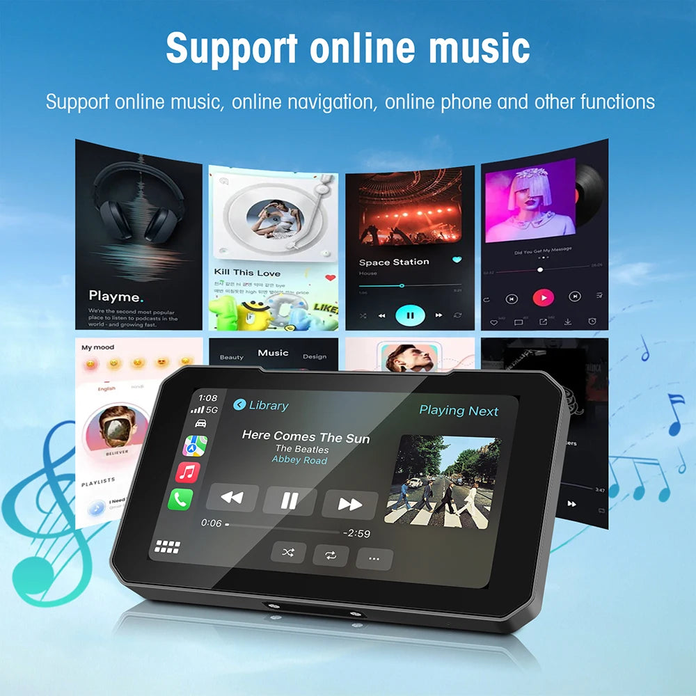 5 Inch Motorcycle Portable IP67 Waterproof GPS Navigation Wireless Carplay Android Auto Di