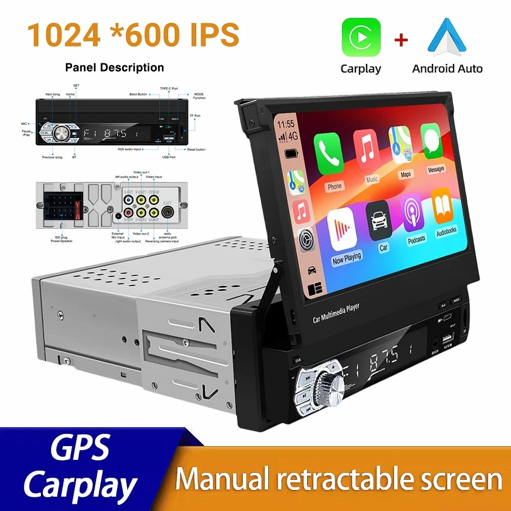 Carplay Android Auto Universal 1 Din MP5 Player 7 Inch Retractable Touch Screen Car Player | AUTOKITSHOP