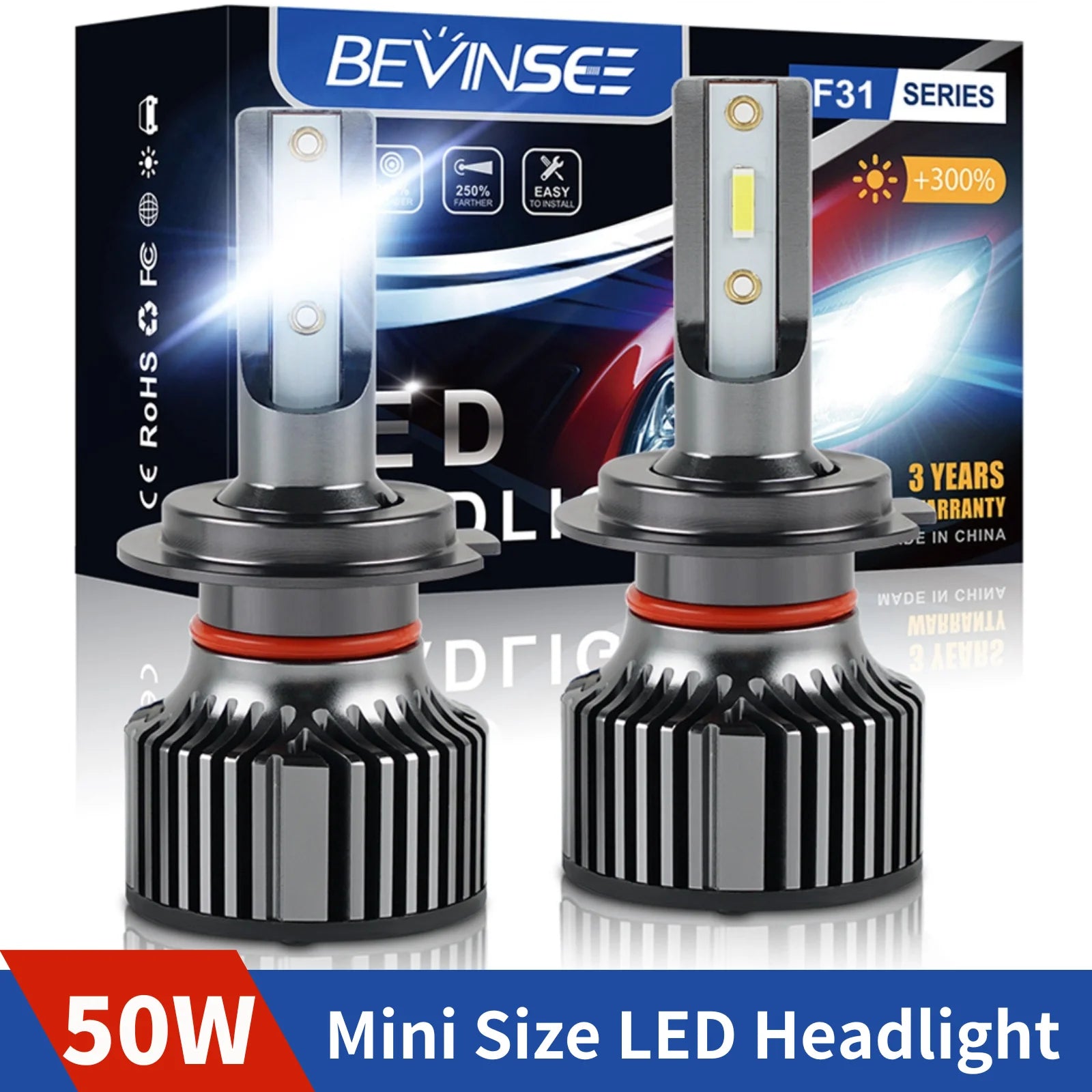 BEVINSEE H7 H1 LED Headlight Bulbs H4 9004 9007 9008 Hi-Lo Beam H11 H3 HB3 9005 HB4 9006 8