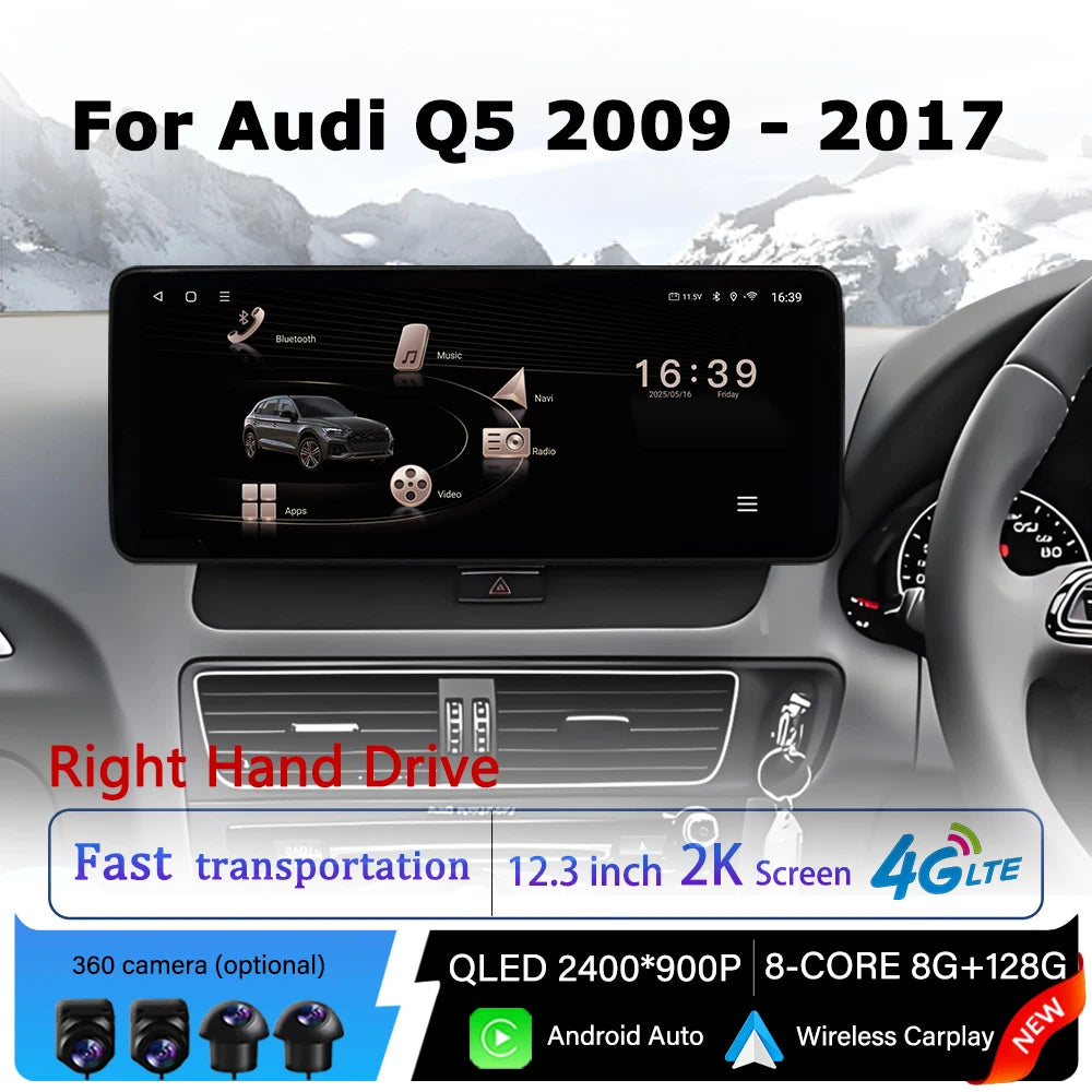 Wireless Carplay Right Hand Drive for Audi Q5 2009 - 2017 Android 14 Car Radio Multimedia