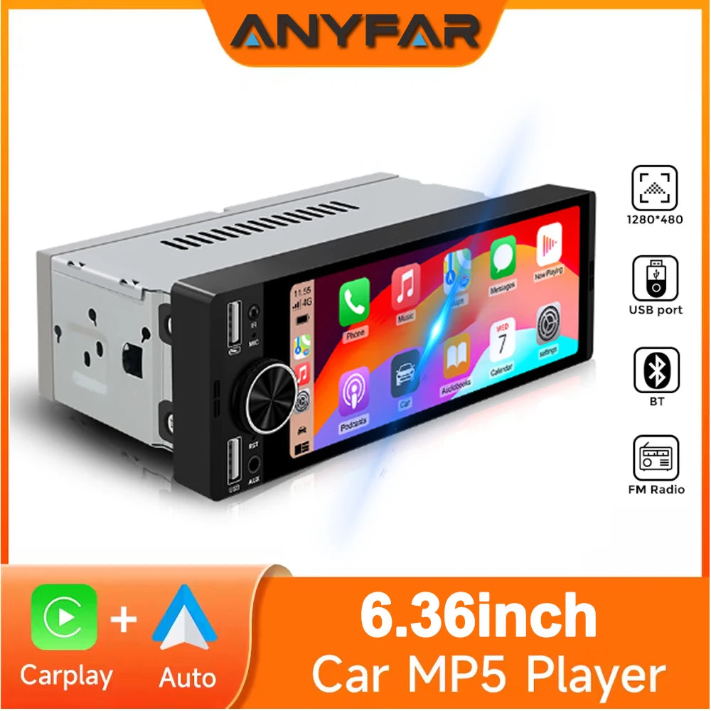 6.36'' 1Din Wired Wireless Carplay Android Auto MP5 Car Radio Multimedia Player BT FM Mirr