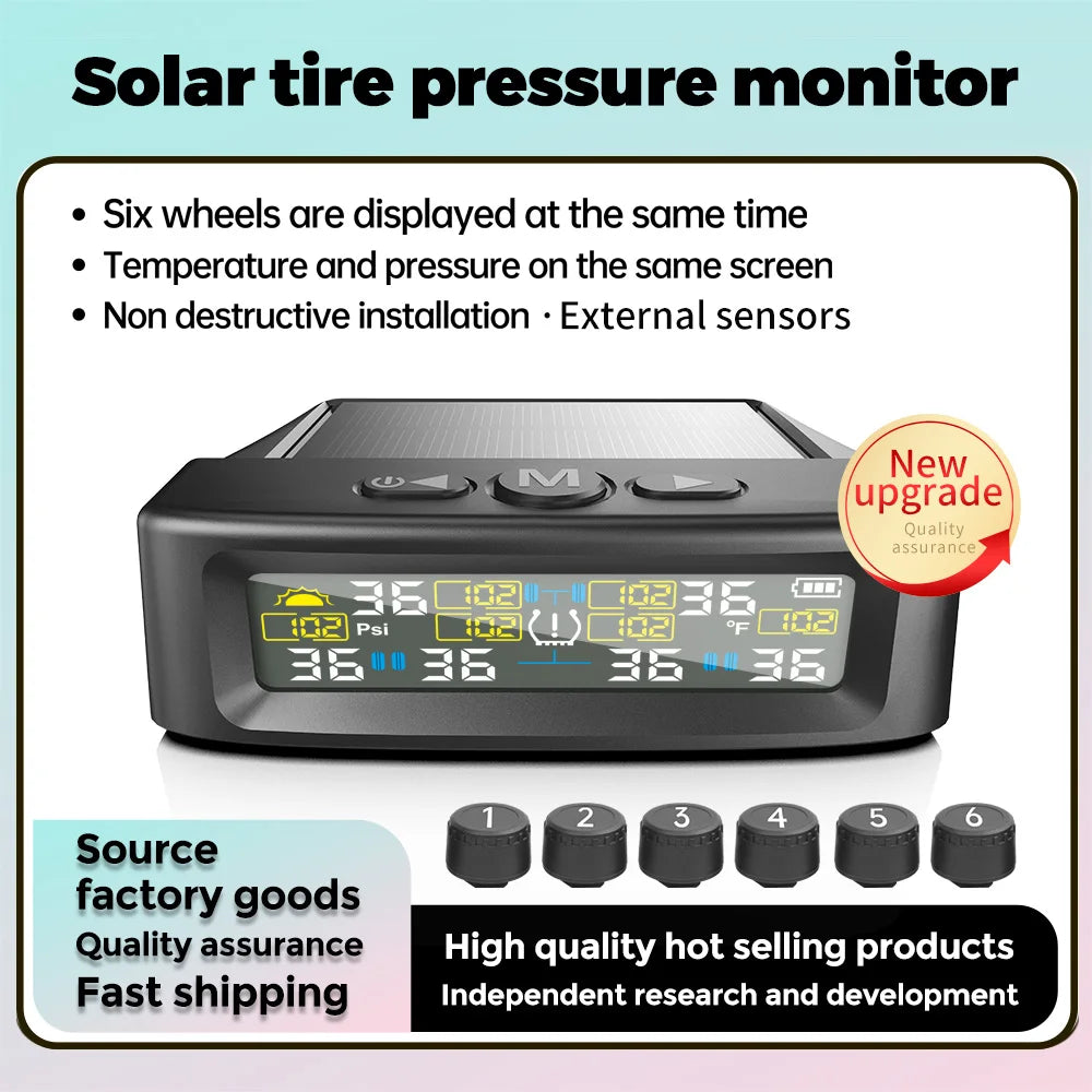 6-Wheel Car TPMS USB/Solar Tire Pressure Monitoring Solar Tyre Temperature Air Leakage Ala | AUTOKITSHOP