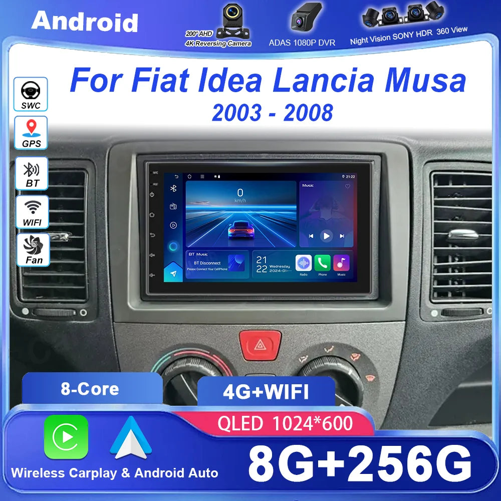 Android 16 Carplay For Fiat Idea Lancia Musa 2003 - 2008 Display Screen GPS Navigation Car