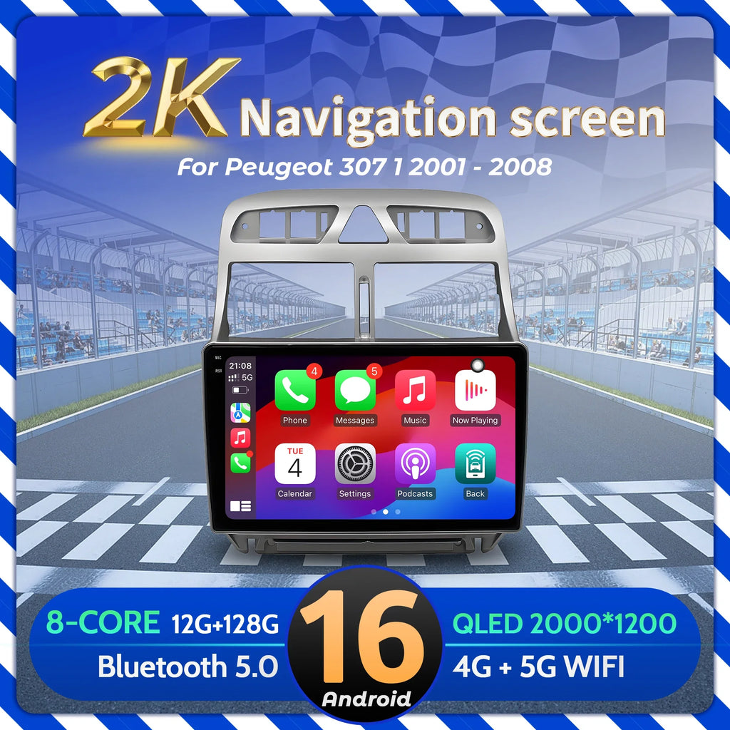 9 inch Car Radio For Peugeot 307 1 2001-2008 Android 16 Multimedia Navigation BT Carplay H