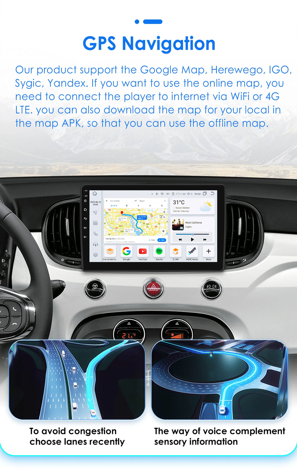 Android Auto 2Din Car Radio Navi for Fiat 500 2016- 2019 Stereo Wireless Carplay 360 Camer