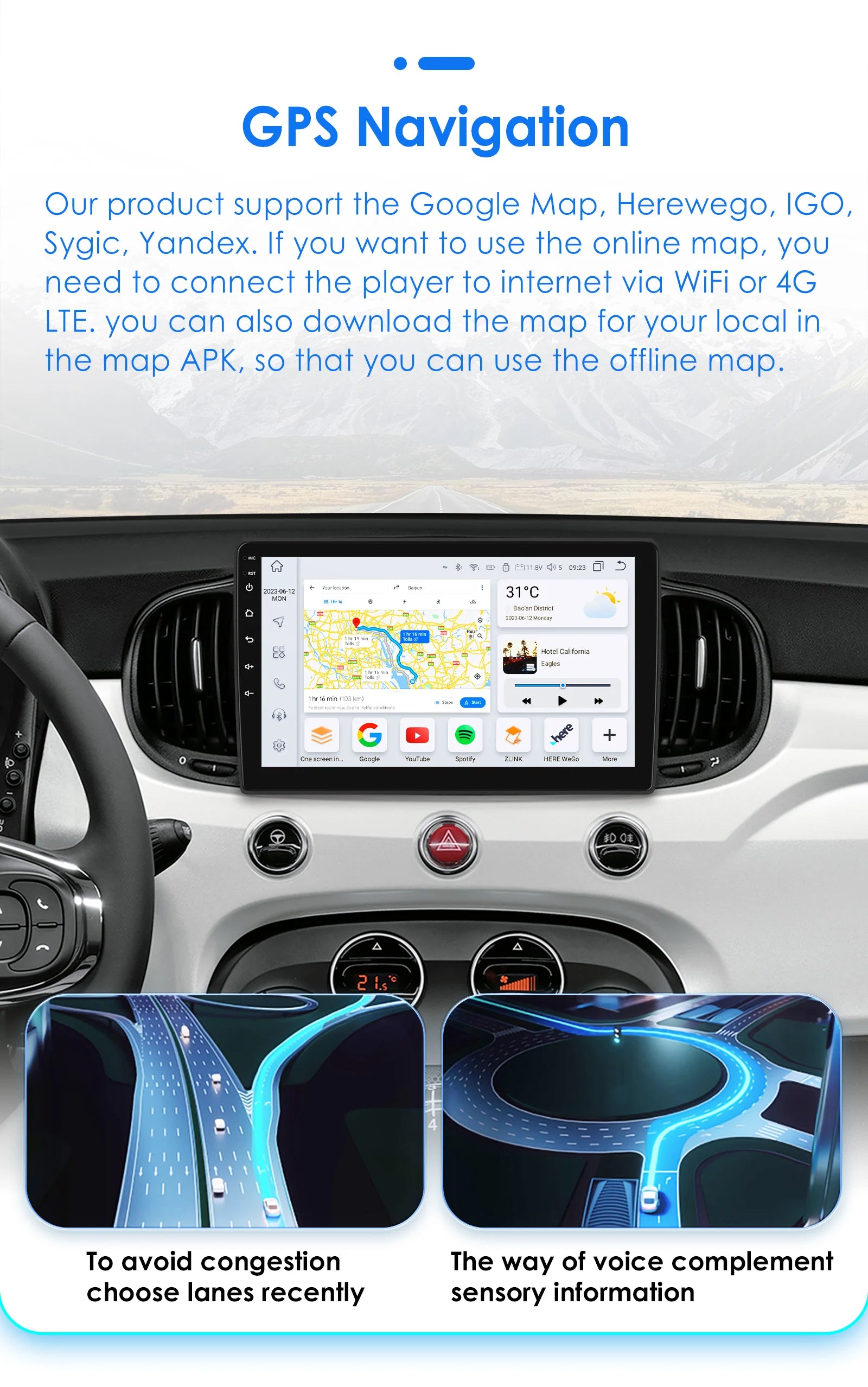 Android Auto 2Din Car Radio Navi for Fiat 500 2016- 2019 Stereo Wireless Carplay 360 Camer
