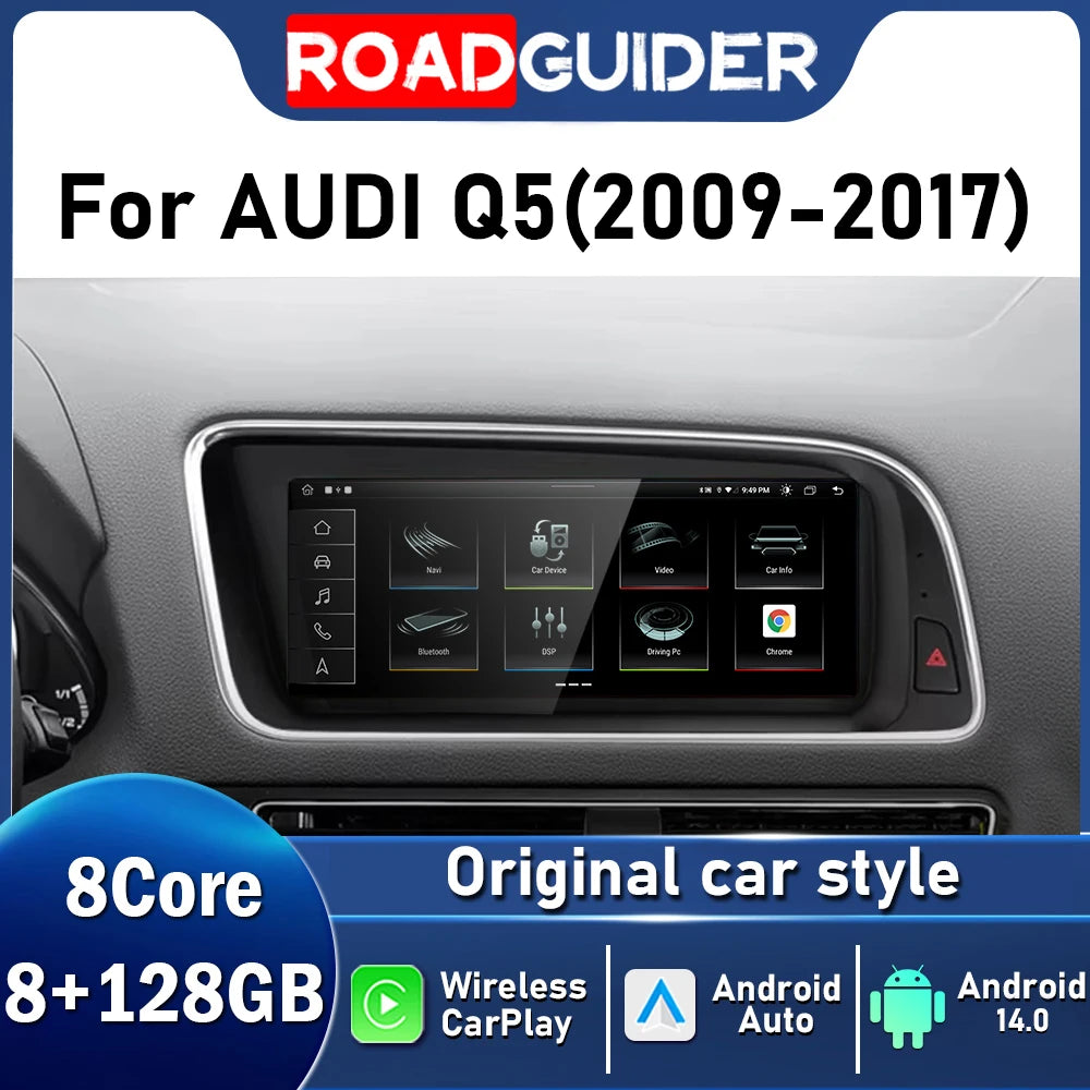 8+128GB 8.8inch Multimedia Player For Audi Q5 2009 -2015 2016 Android 14 Auto Carplay GPS