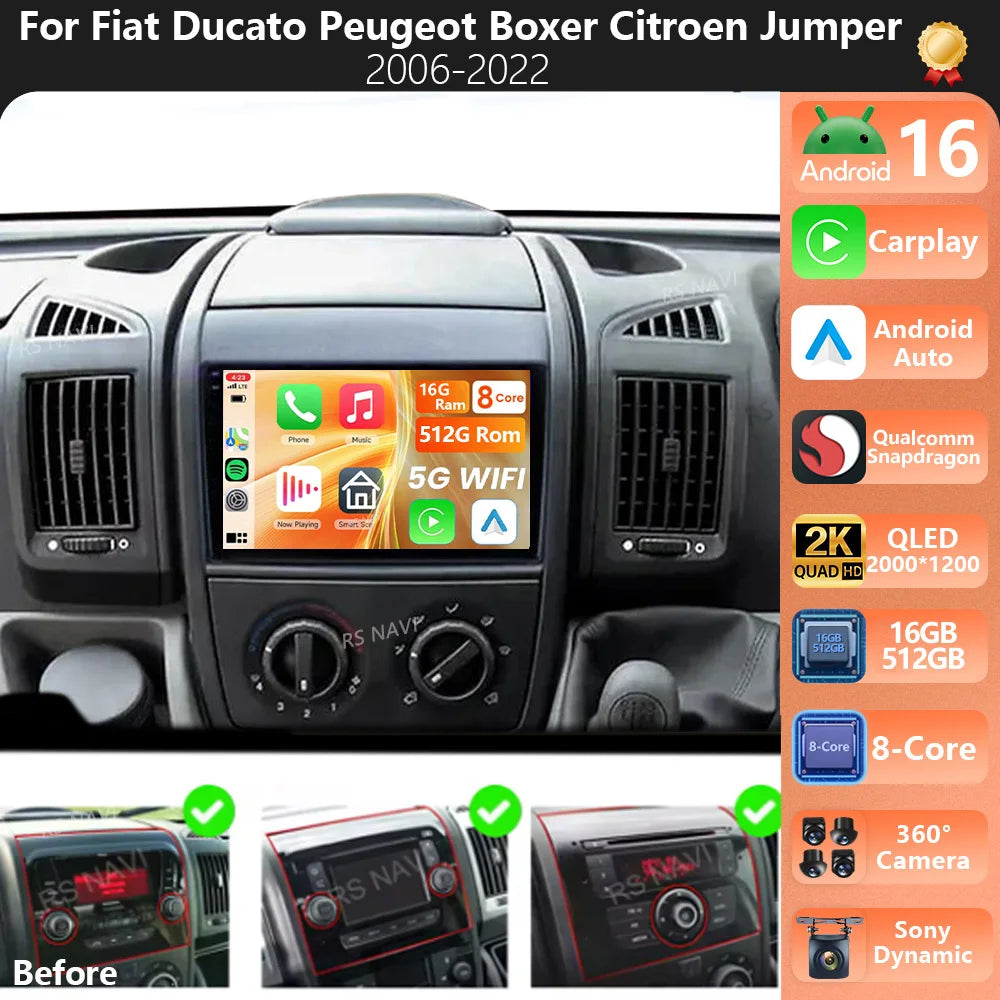 Plug and PlayAndroid 16 Car Radio For Fiat Ducato Peugeot Boxer Citroen Jumper 2006 -2022