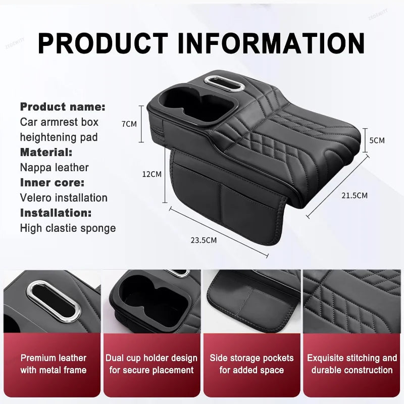 Wear-Resistant Car Armrest Box Booster Pad Dustproof Center Console Cover with Cup Tissue Pocket - Automotive LED Light