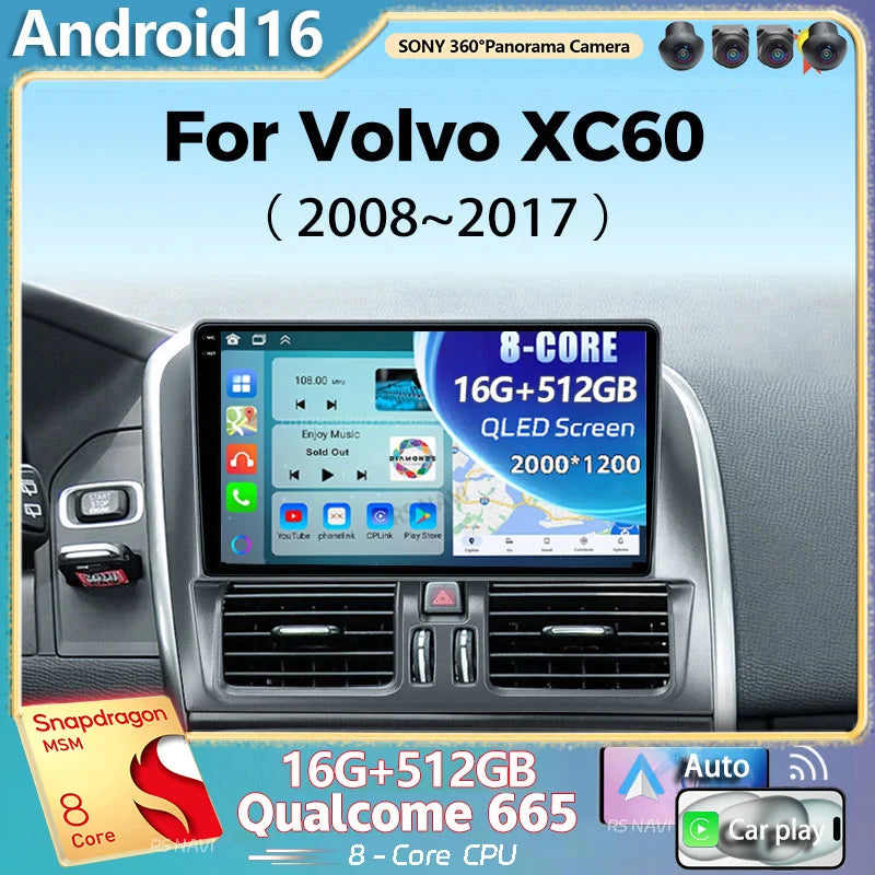 Android 16 For Volvo XC60 2007 2010 2013 2014 2017 2K QLED Stereo Car Radio Multimedia Vid
