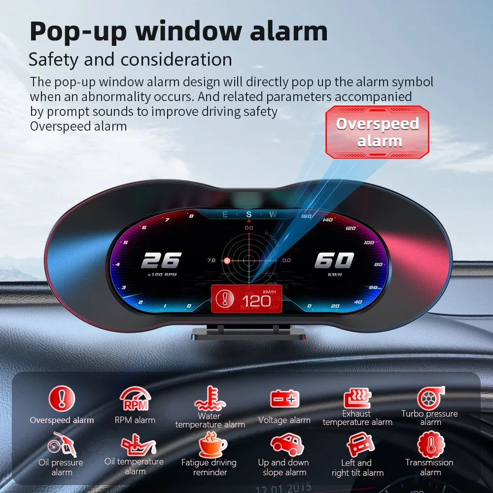 AD Car HUD GPS OBD2 P5 Speedometer Speed Head Up Display Inclinometer Digital Over Speed Alarm F - Automotive LED Light