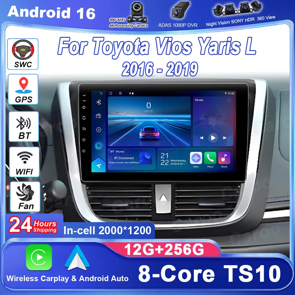 Carplay Android Auto Android 16 For Toyota Vios Yaris L 2016 - 2019 Car Radio Stereo GPS N